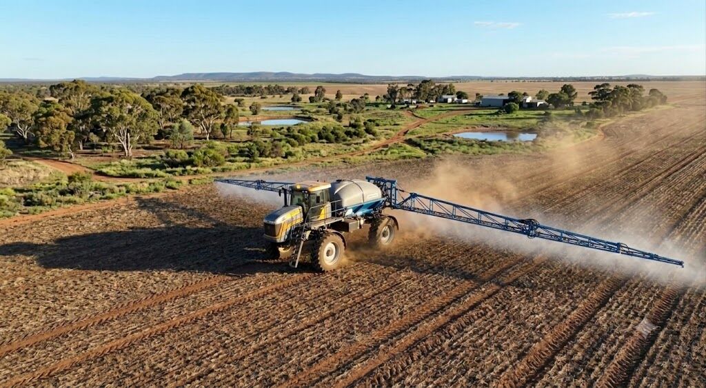 Self-propelled sprayer working a broadacre field