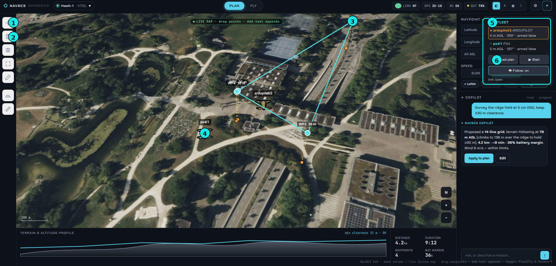 NavGCS ground control station showing 3D terrain map with waypoints and live fleet panel